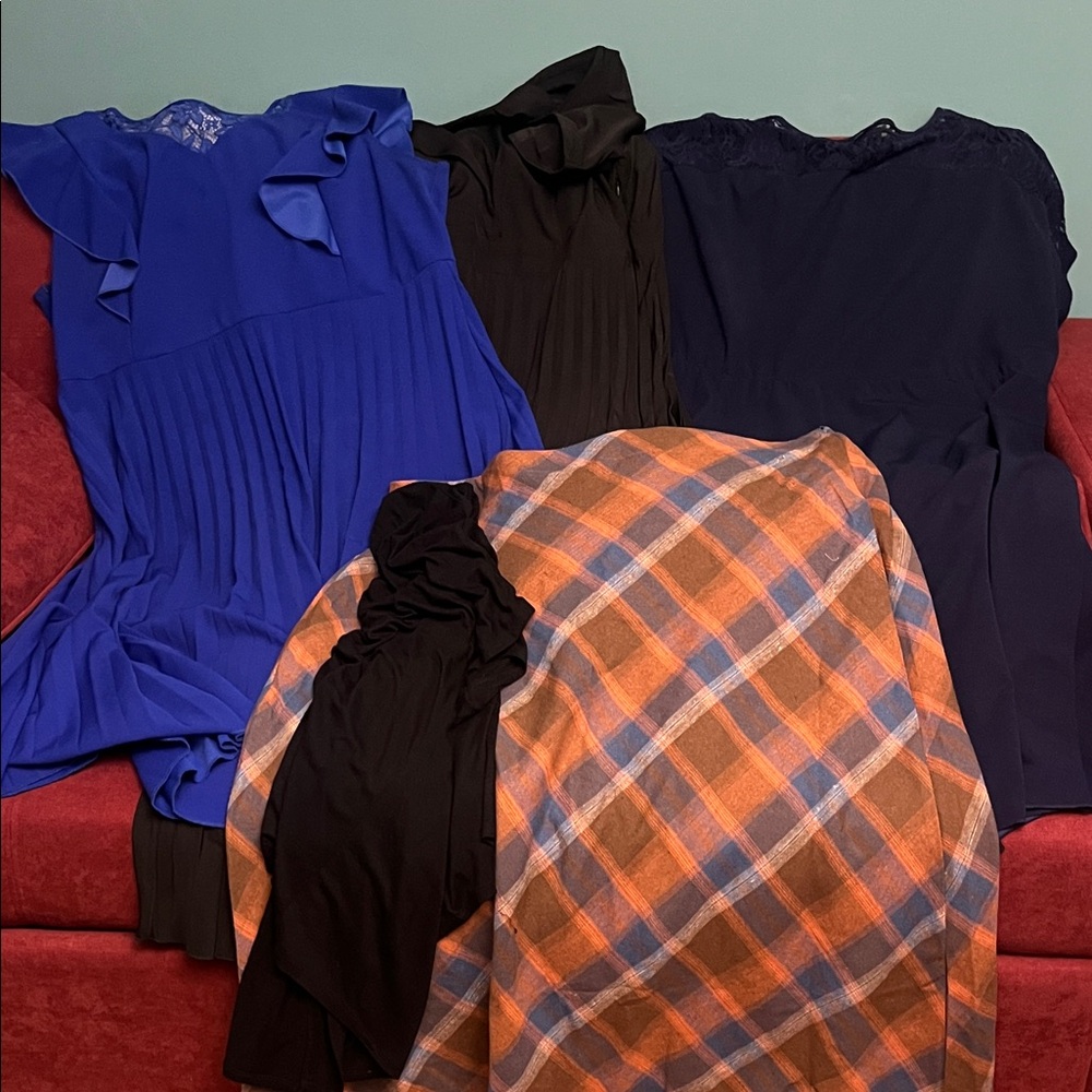 Lot of 3 SHEIN dresses, plus plaid skirt and short sleeve cardigan 2X (4X)
